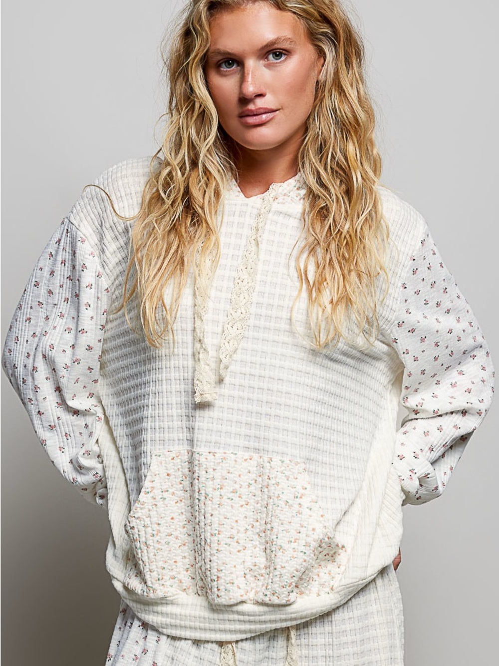 POL Mixed Knit Contrast Print Sleeve Hoodie with Kangaroo Pocket